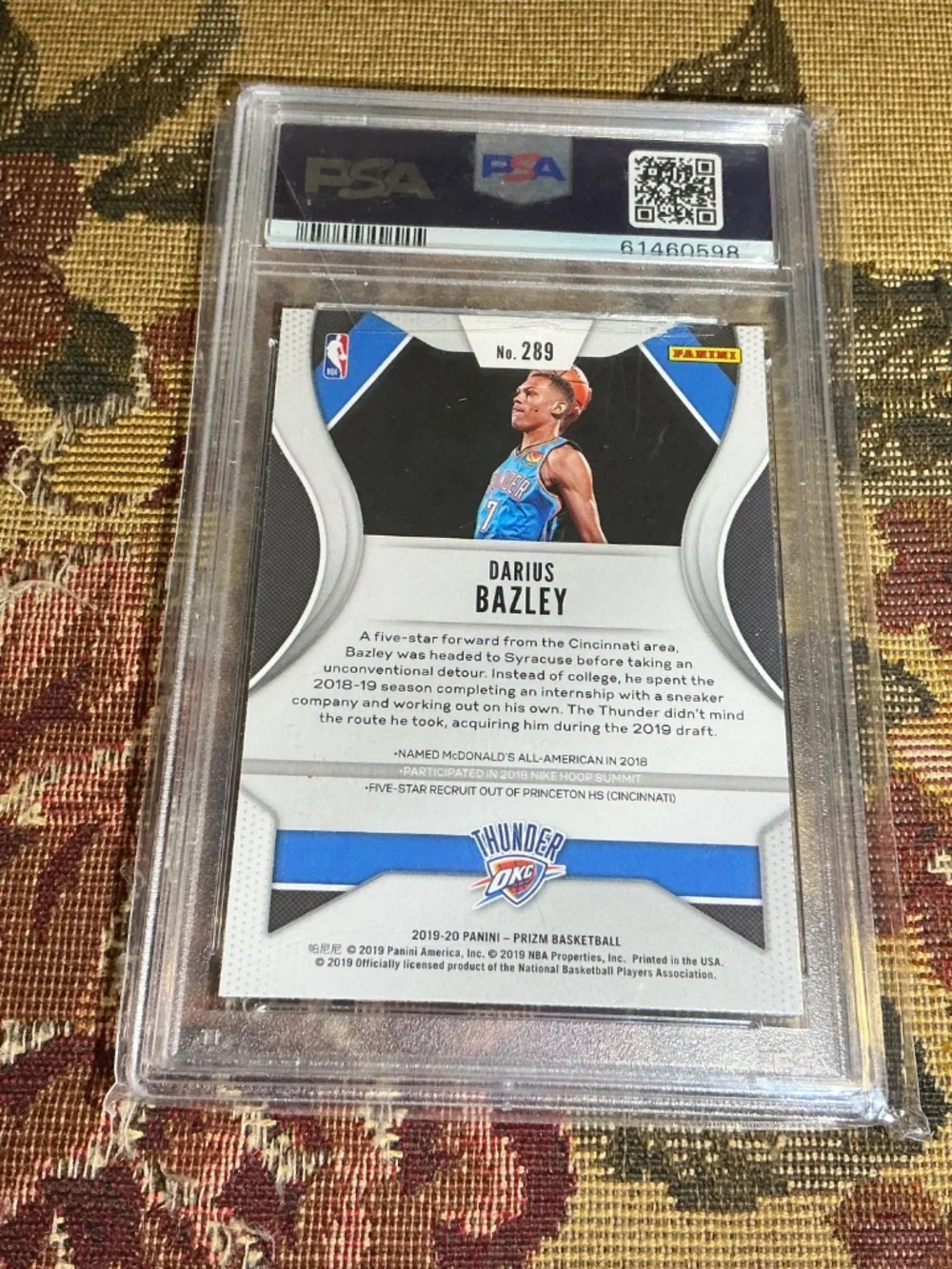 #289 Darius Bazley 2019 Panini Prizm rookie card Graded PSA 10